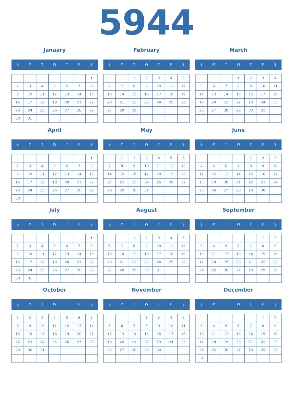 Printable 5944 Year Calendars blue