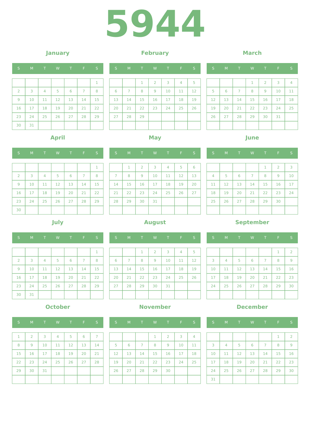 Printable 5944 Year Calendars celadon