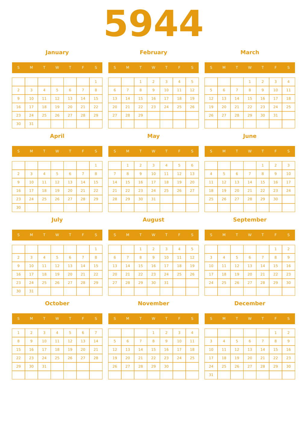 Printable 5944 Year Calendars gamboge