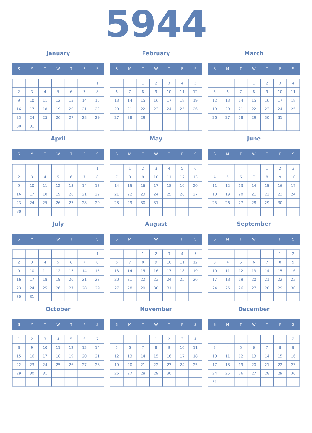 Printable 5944 Year Calendars glaucous
