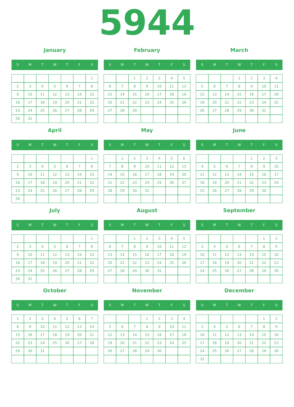 Printable 5944 Year Calendars green