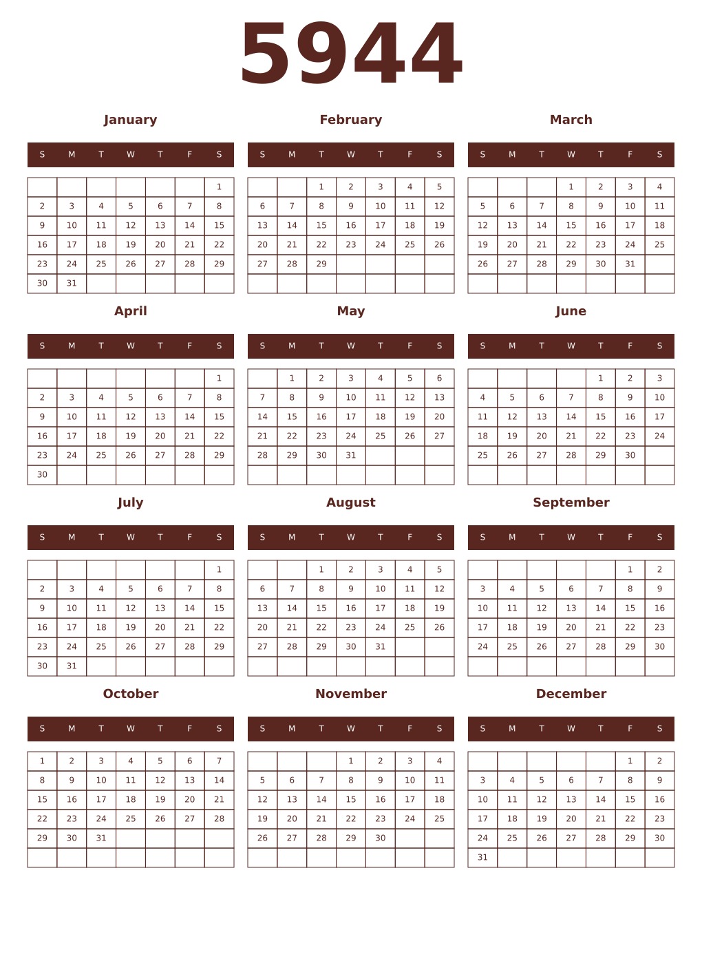 Printable 5944 Year Calendars mortuum