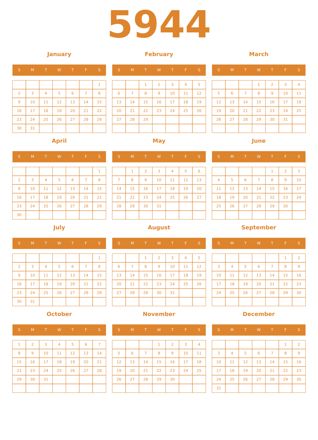 Printable 5944 Year Calendars orange