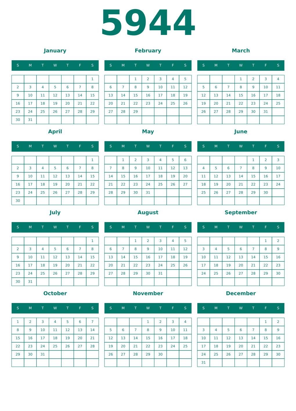 Printable 5944 Year Calendars pastel