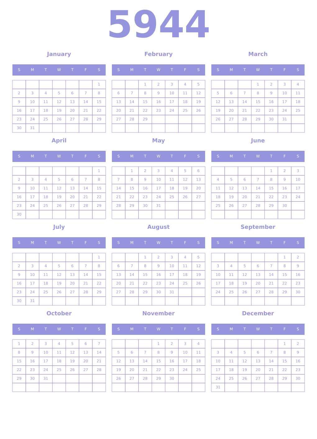 Printable 5944 Year Calendars periwinkle