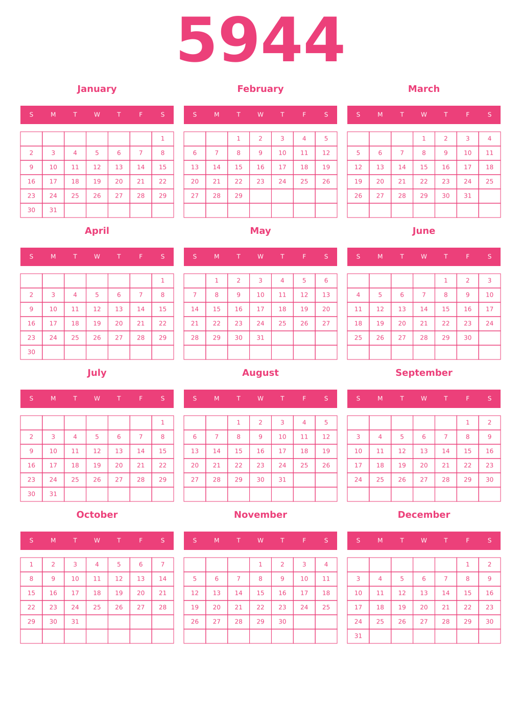 Printable 5944 Year Calendars pink