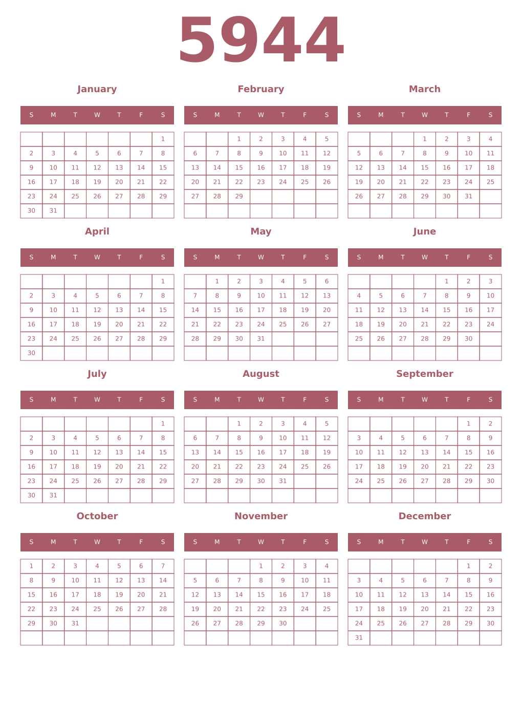 Printable 5944 Year Calendars puce
