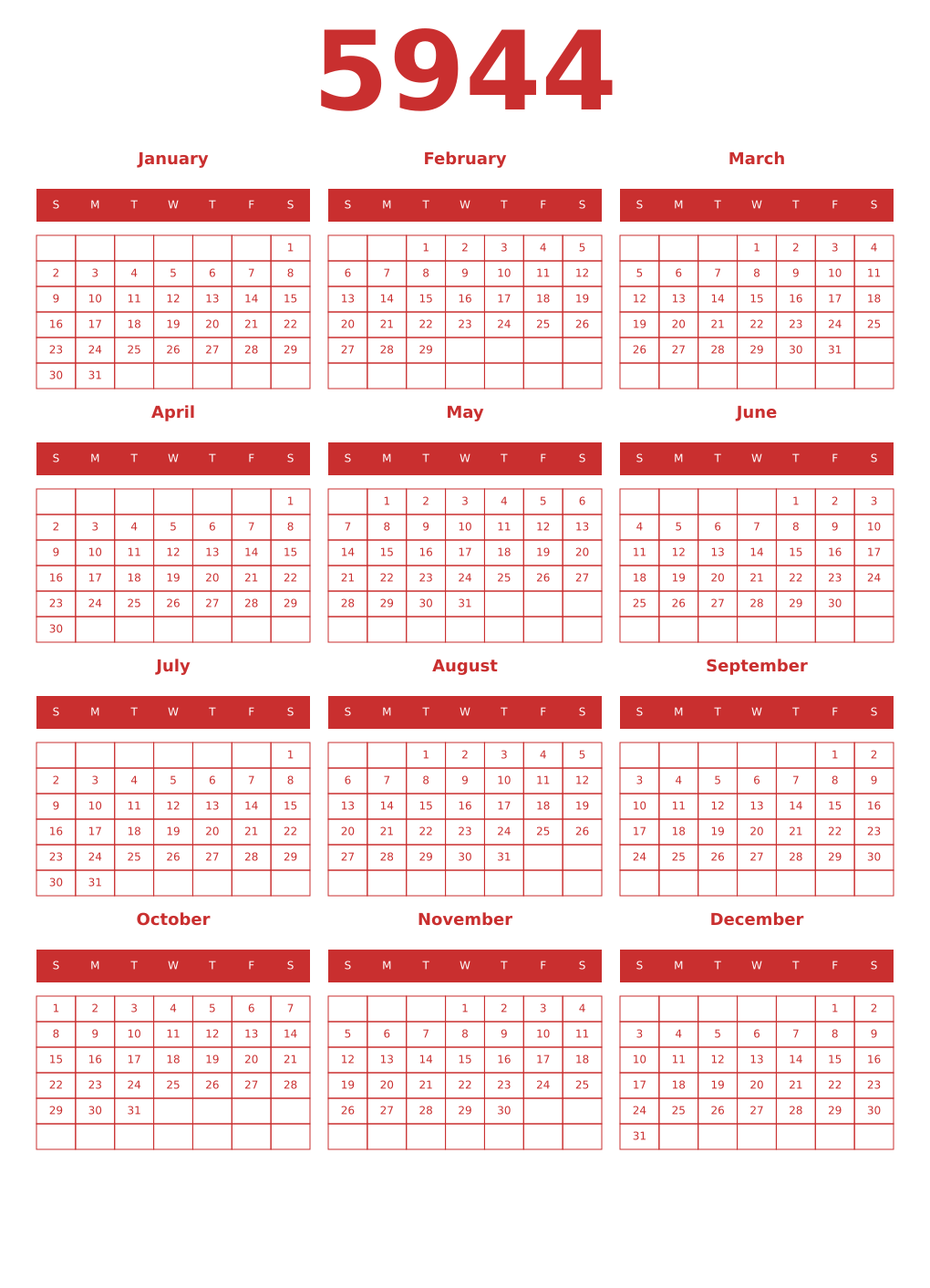 Printable 5944 Year Calendars red