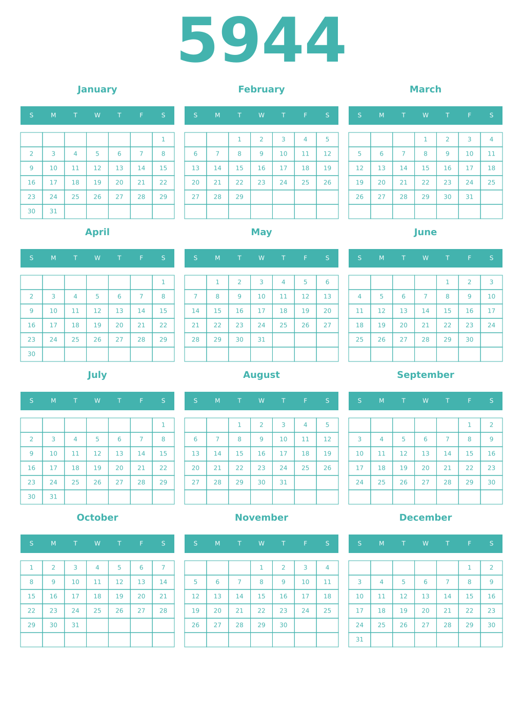 Printable 5944 Year Calendars verdigris