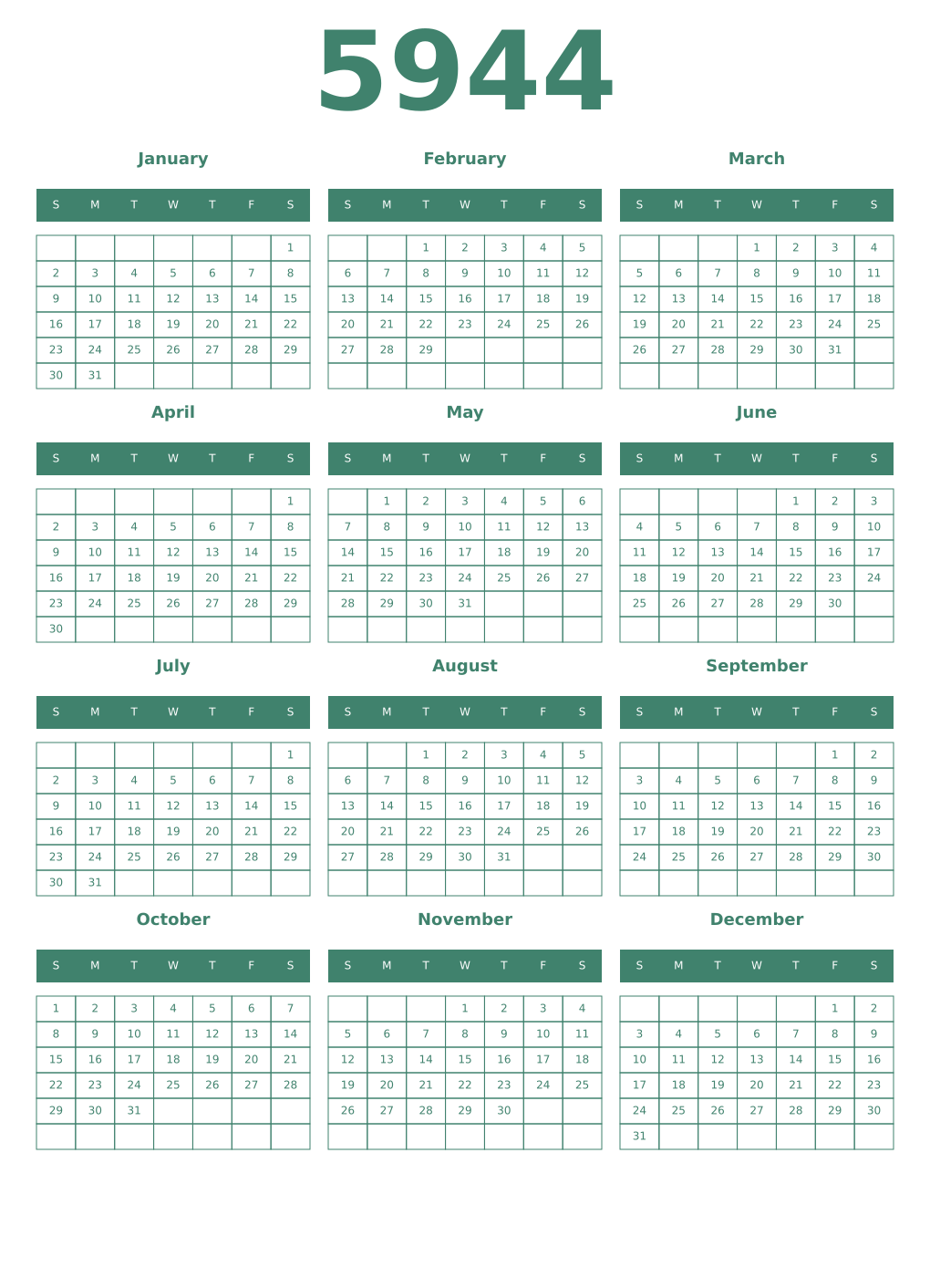 Printable 5944 Year Calendars viridian