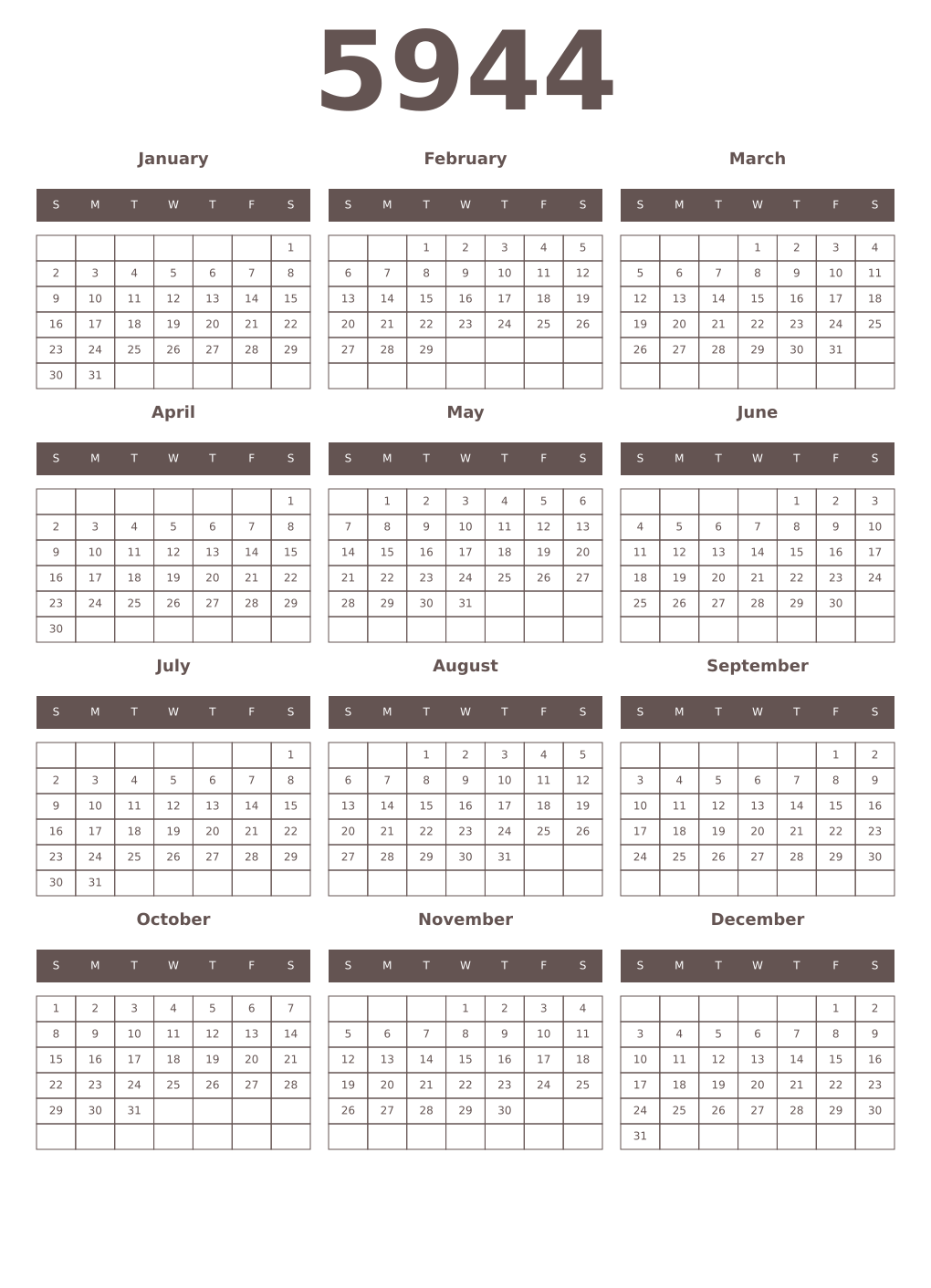 Printable 5944 Year Calendars wenge