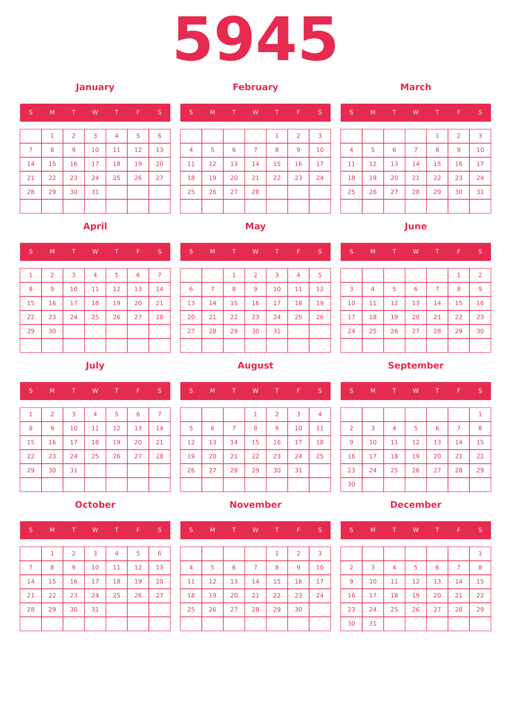 Printable 5945 Year Calendars amaranth