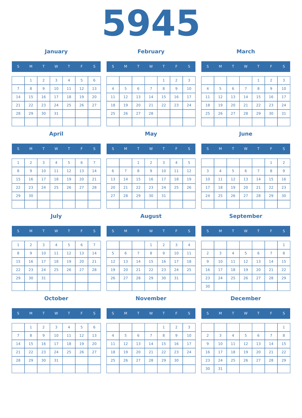 Printable 5945 Year Calendars blue