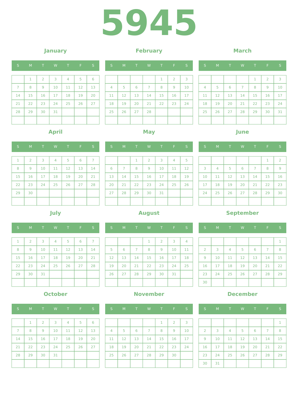 Printable 5945 Year Calendars celadon