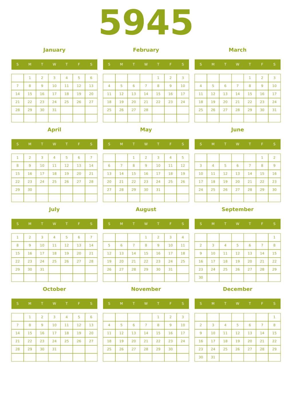 Printable 5945 Year Calendars chartreuse