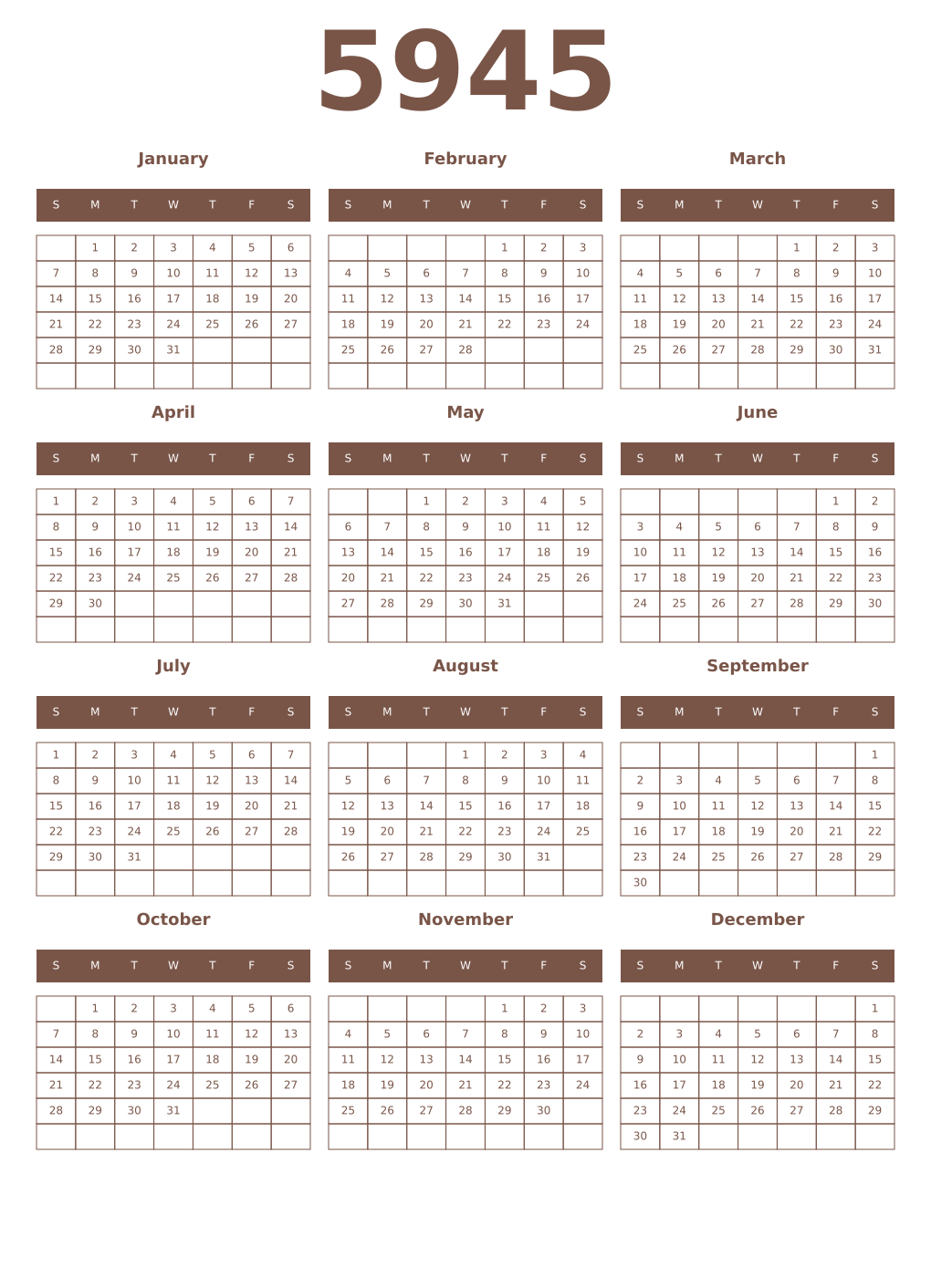 Printable 5945 Year Calendars coffe