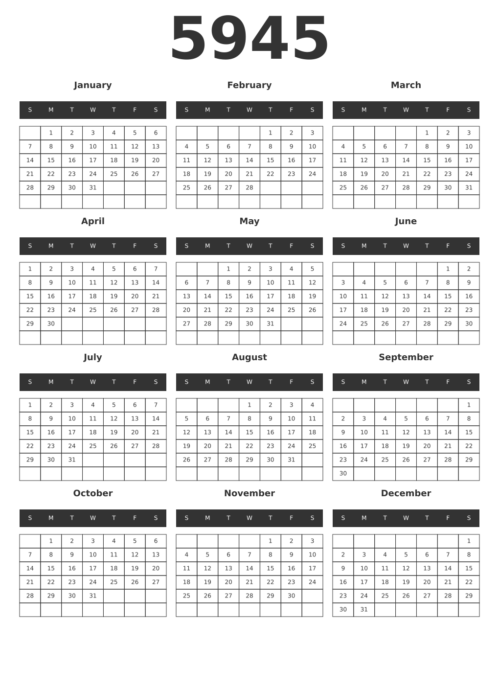 Printable 5945 Year Calendars dark