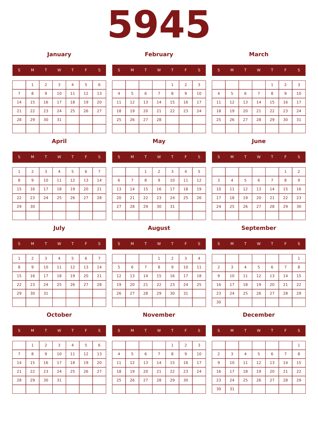 Printable 5945 Year Calendars falu