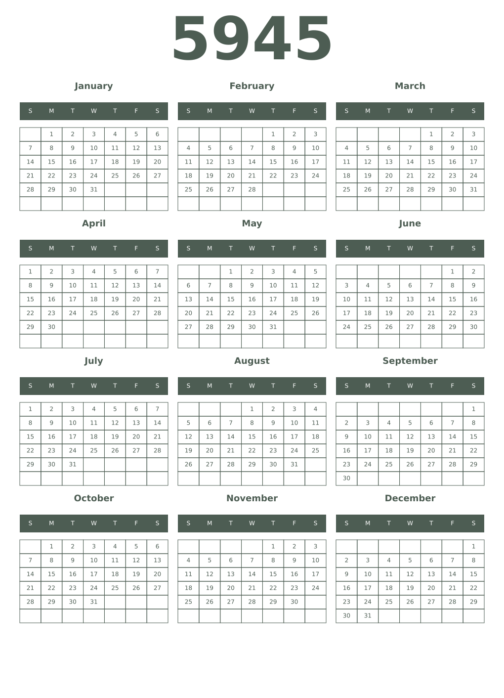Printable 5945 Year Calendars feldgrau