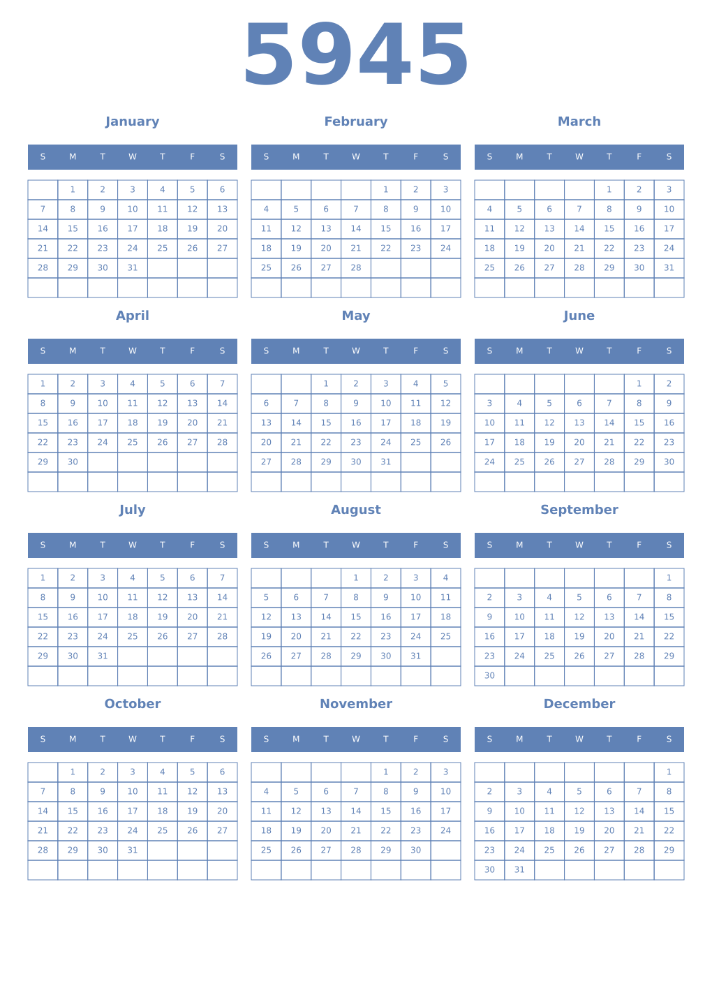 Printable 5945 Year Calendars glaucous
