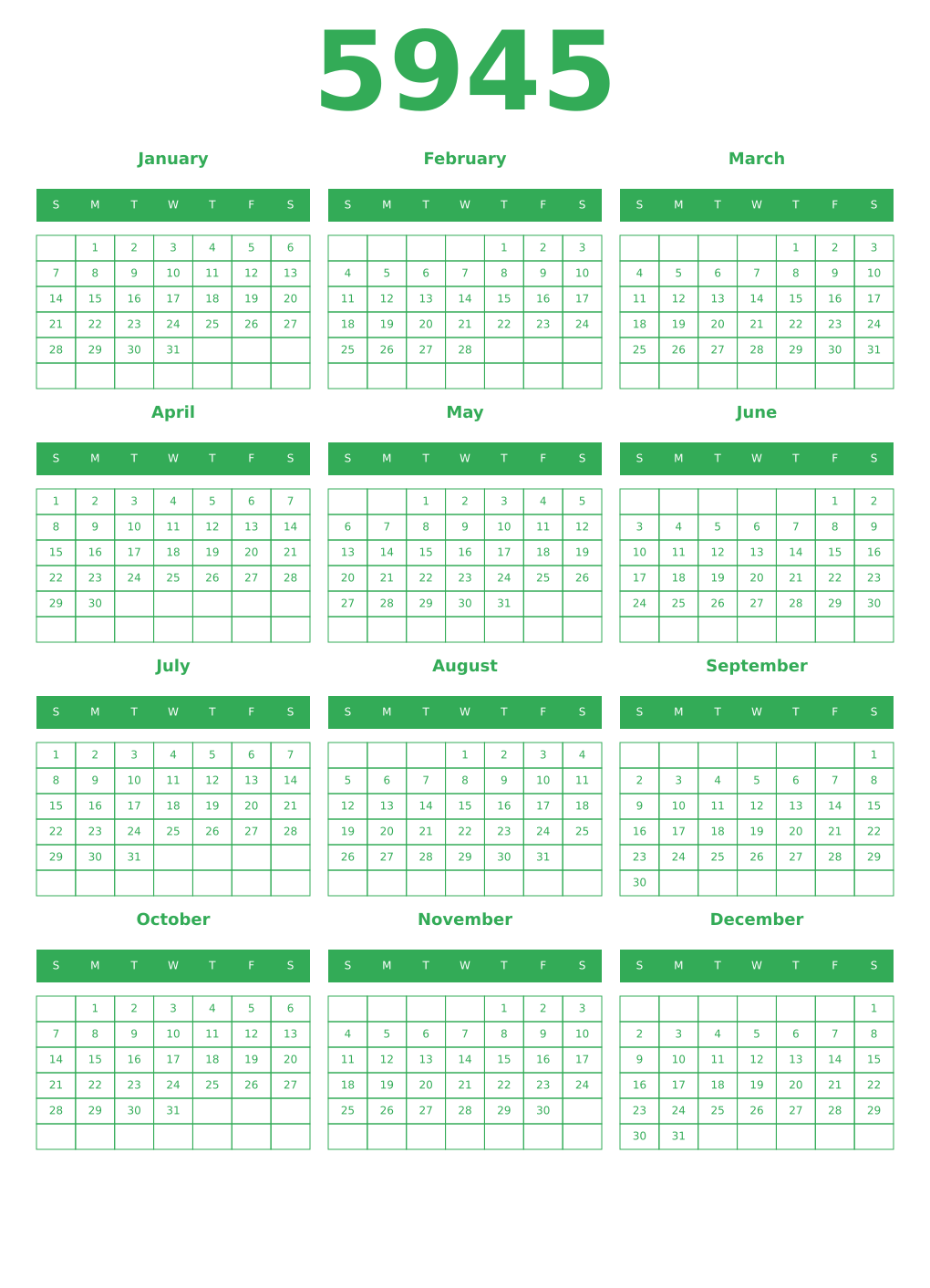 Printable 5945 Year Calendars green