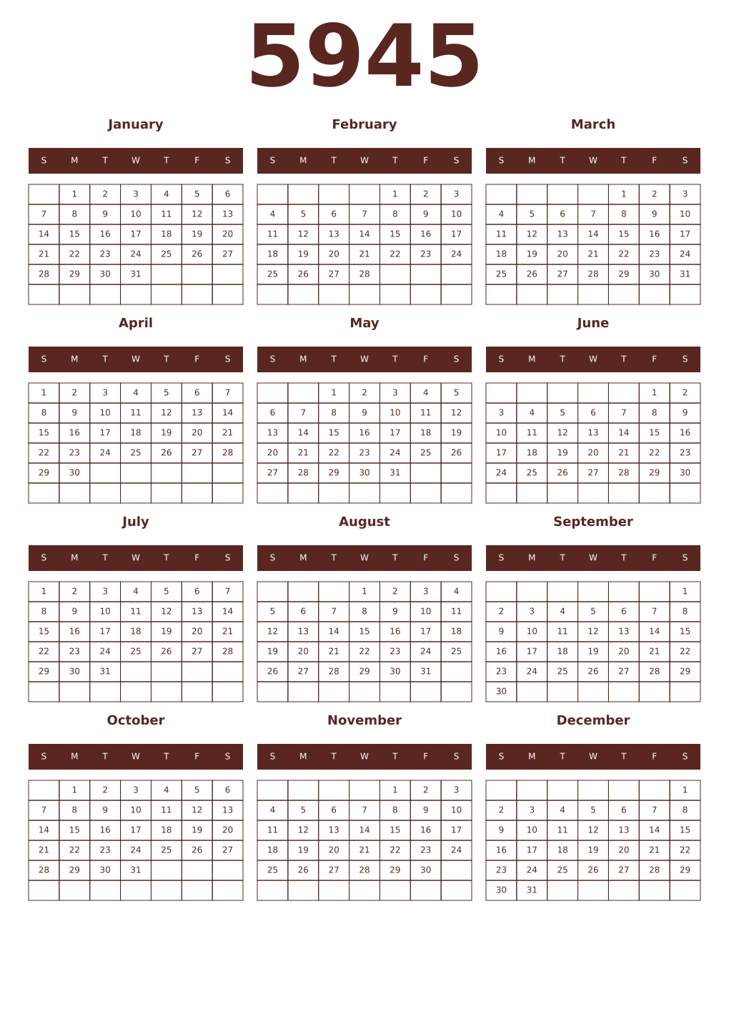 Printable 5945 Year Calendars mortuum