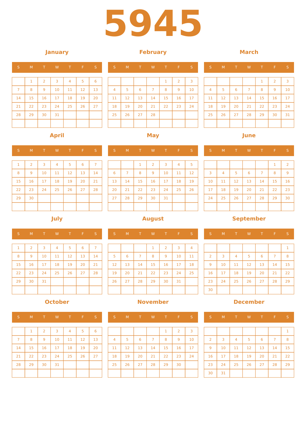 Printable 5945 Year Calendars orange