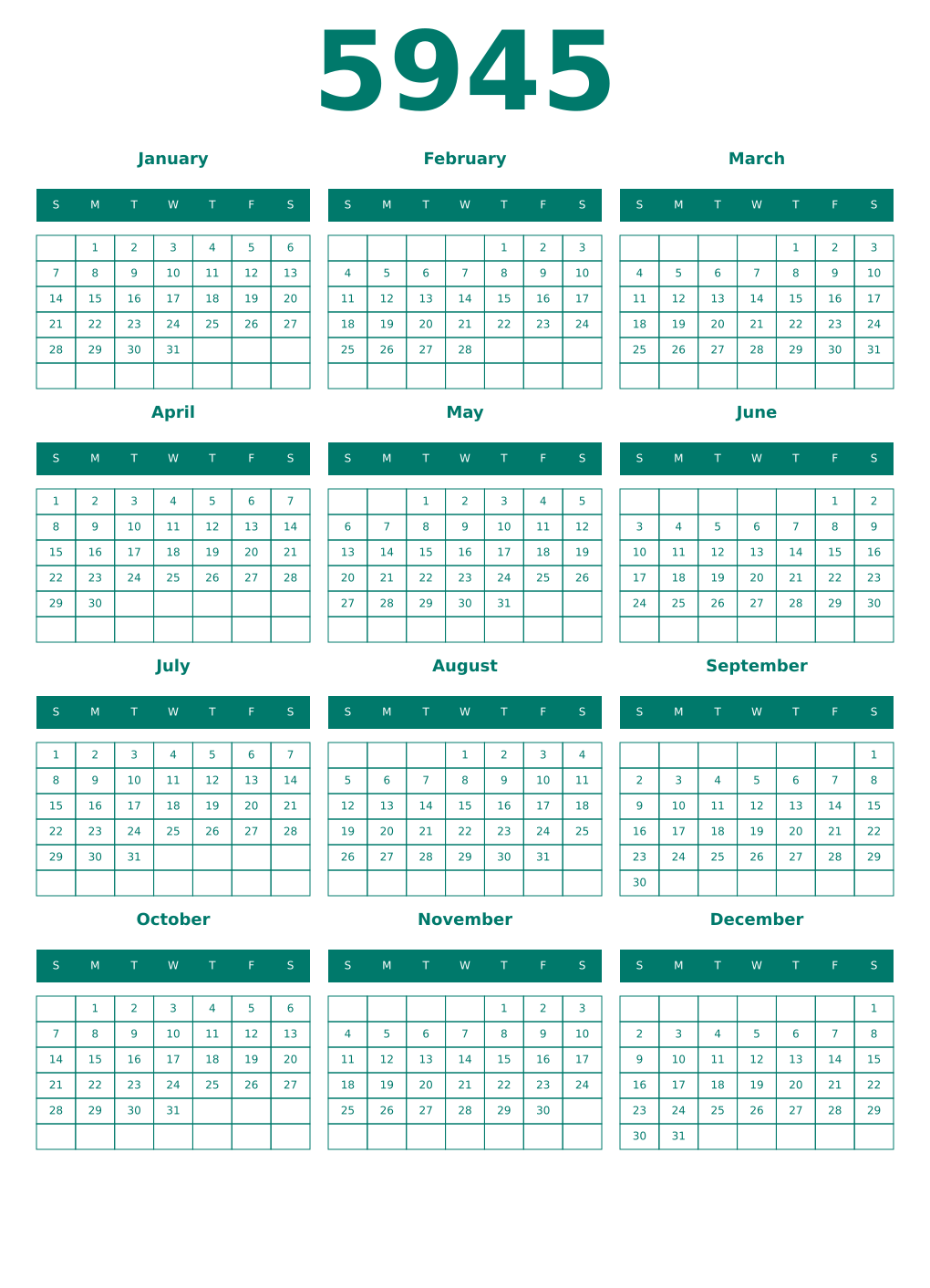 Printable 5945 Year Calendars pastel