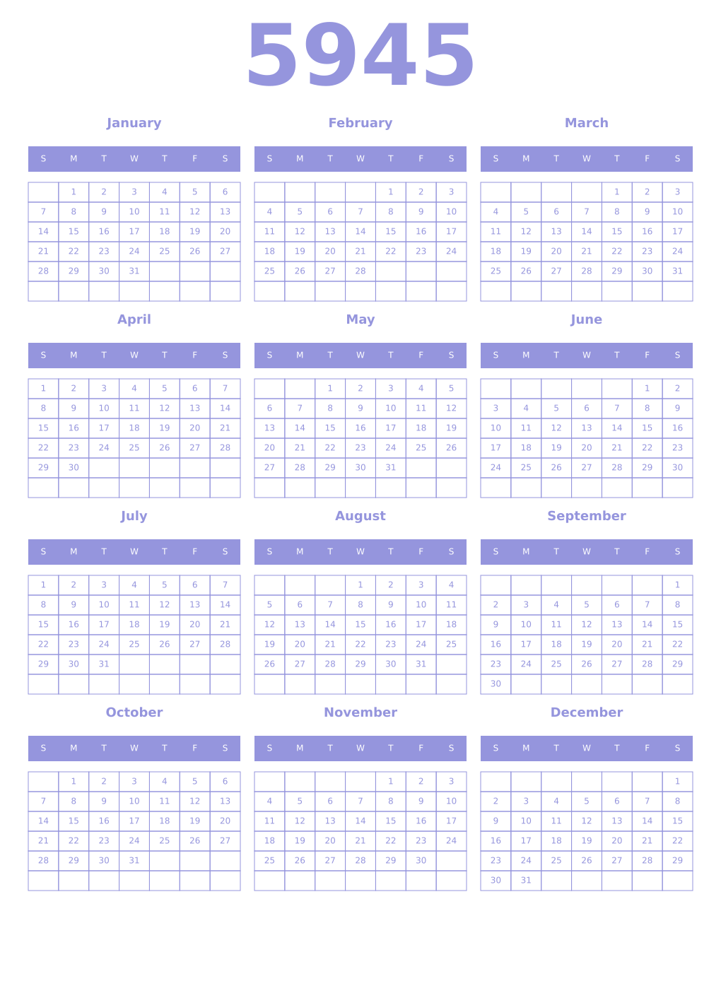 Printable 5945 Year Calendars periwinkle