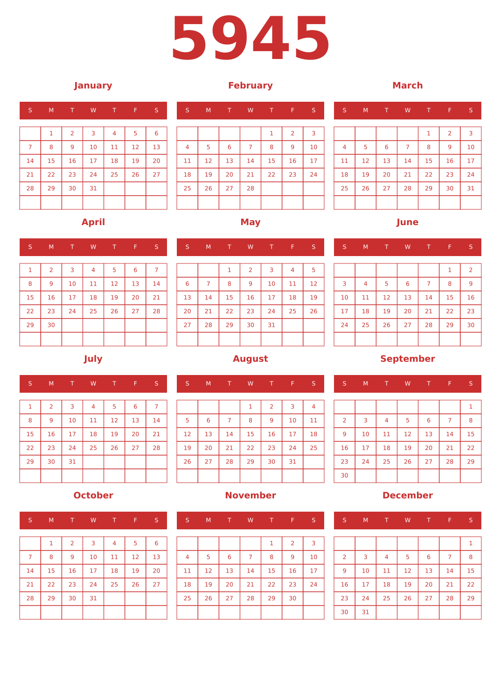 Printable 5945 Year Calendars red