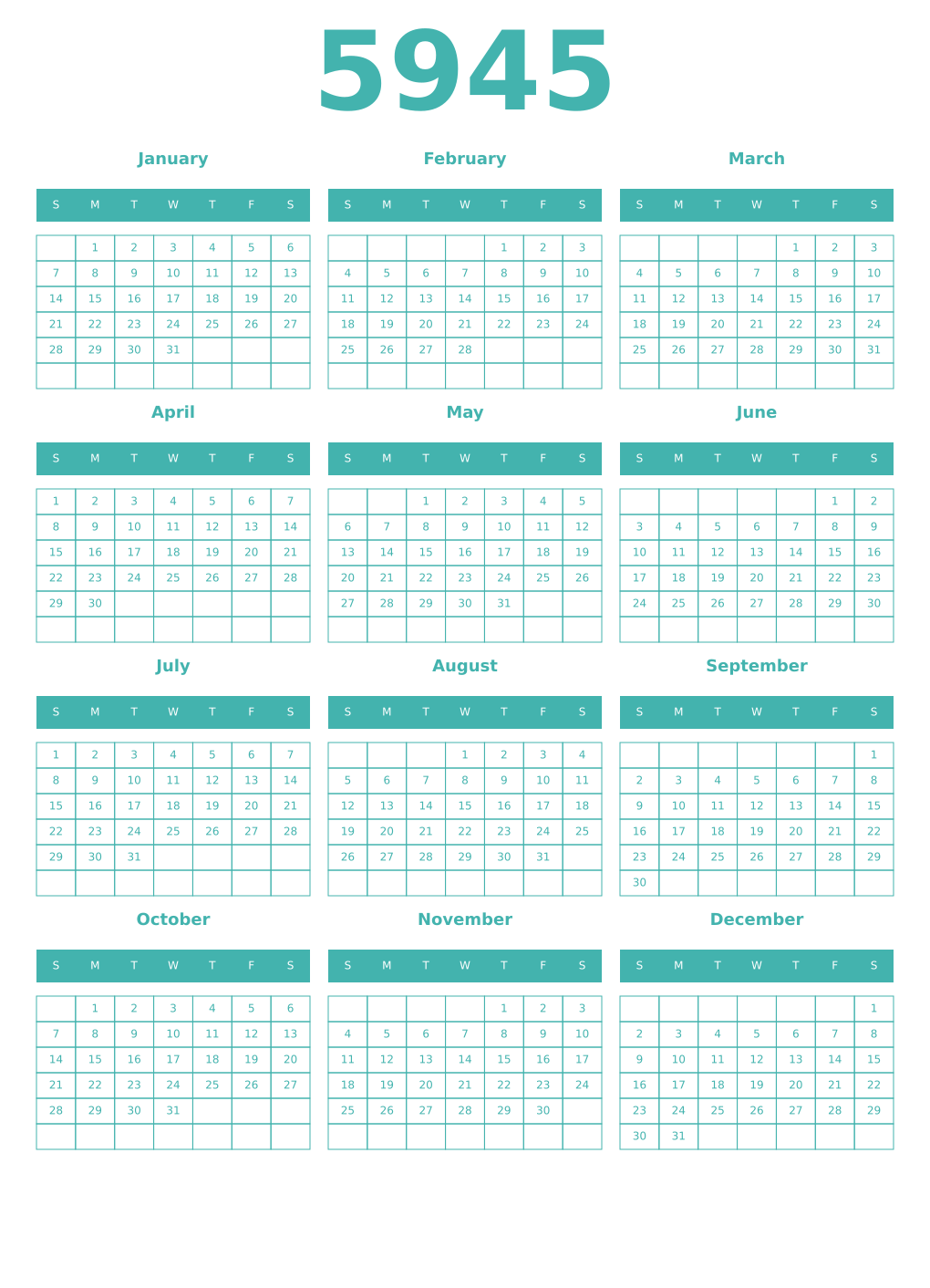 Printable 5945 Year Calendars verdigris