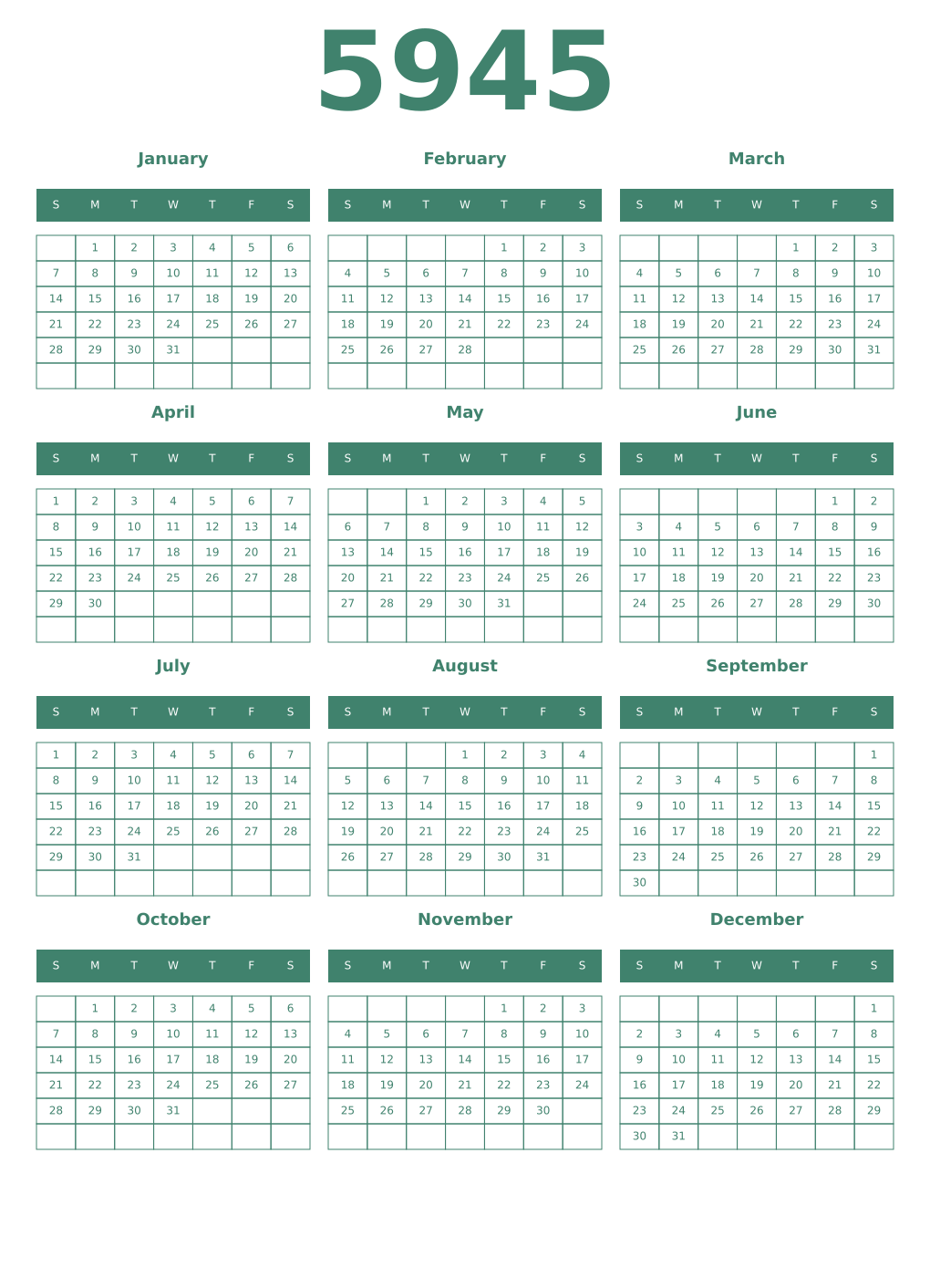 Printable 5945 Year Calendars viridian