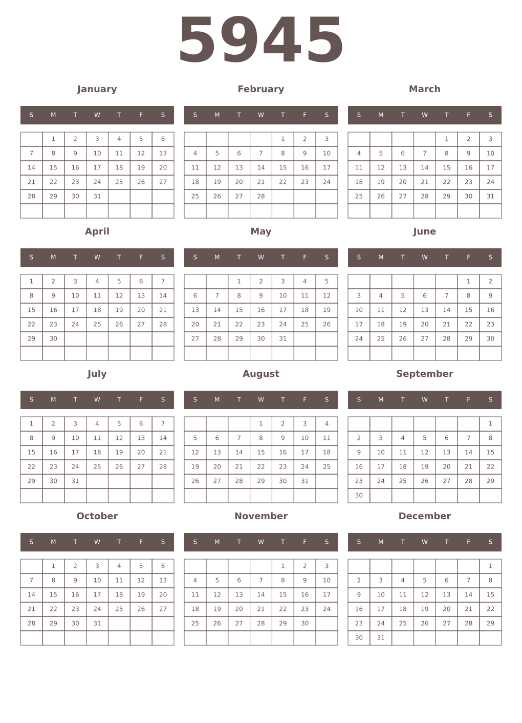 Printable 5945 Year Calendars wenge