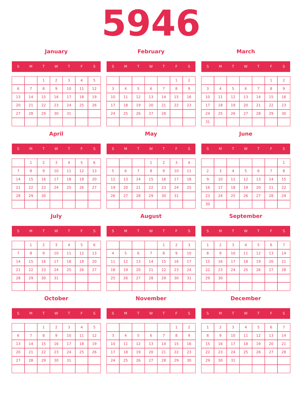 Printable 5946 Year Calendars amaranth