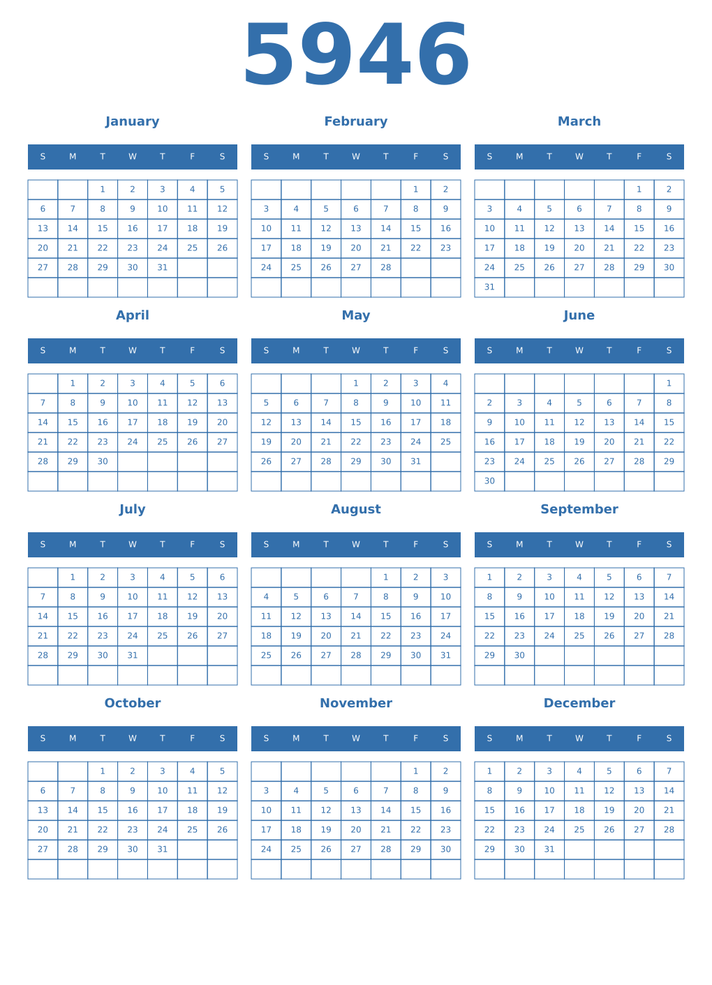 Printable 5946 Year Calendars blue