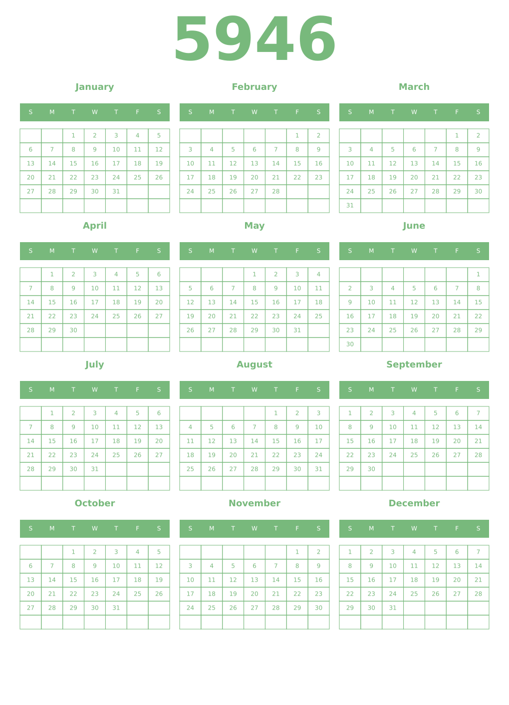 Printable 5946 Year Calendars celadon