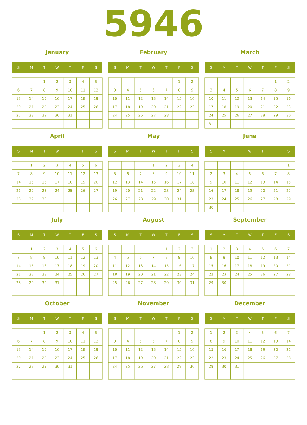 Printable 5946 Year Calendars chartreuse