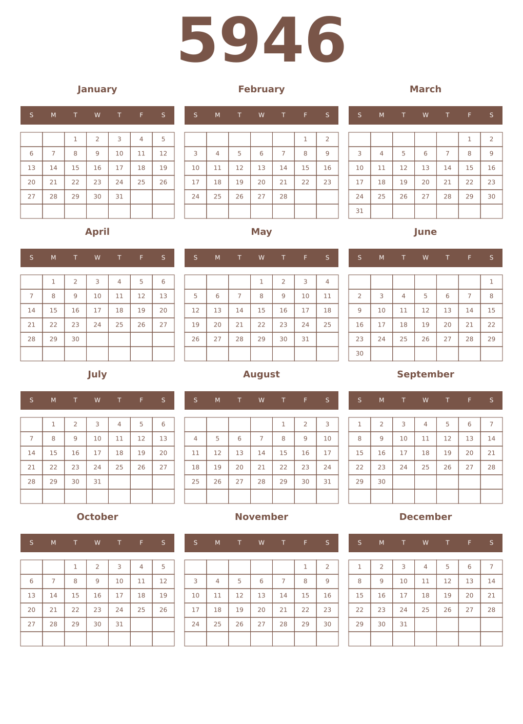 Printable 5946 Year Calendars coffe