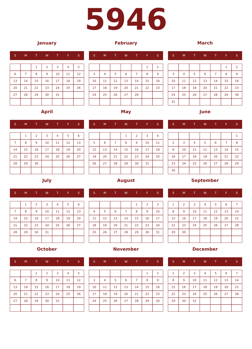 Printable 5946 Year Calendars falu