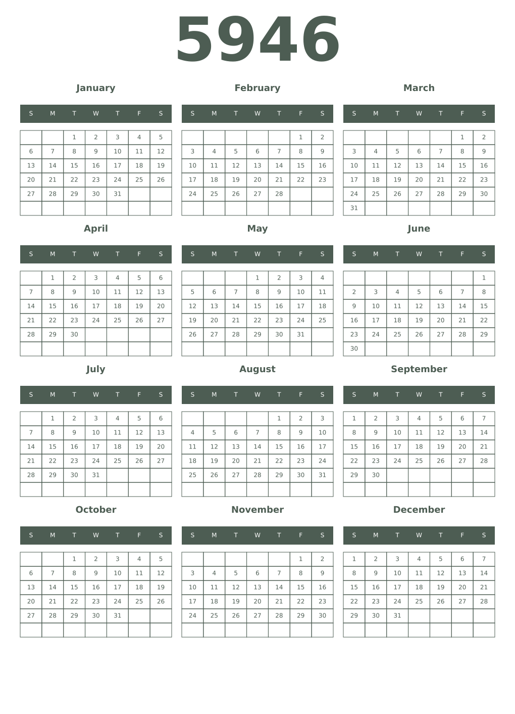 Printable 5946 Year Calendars feldgrau