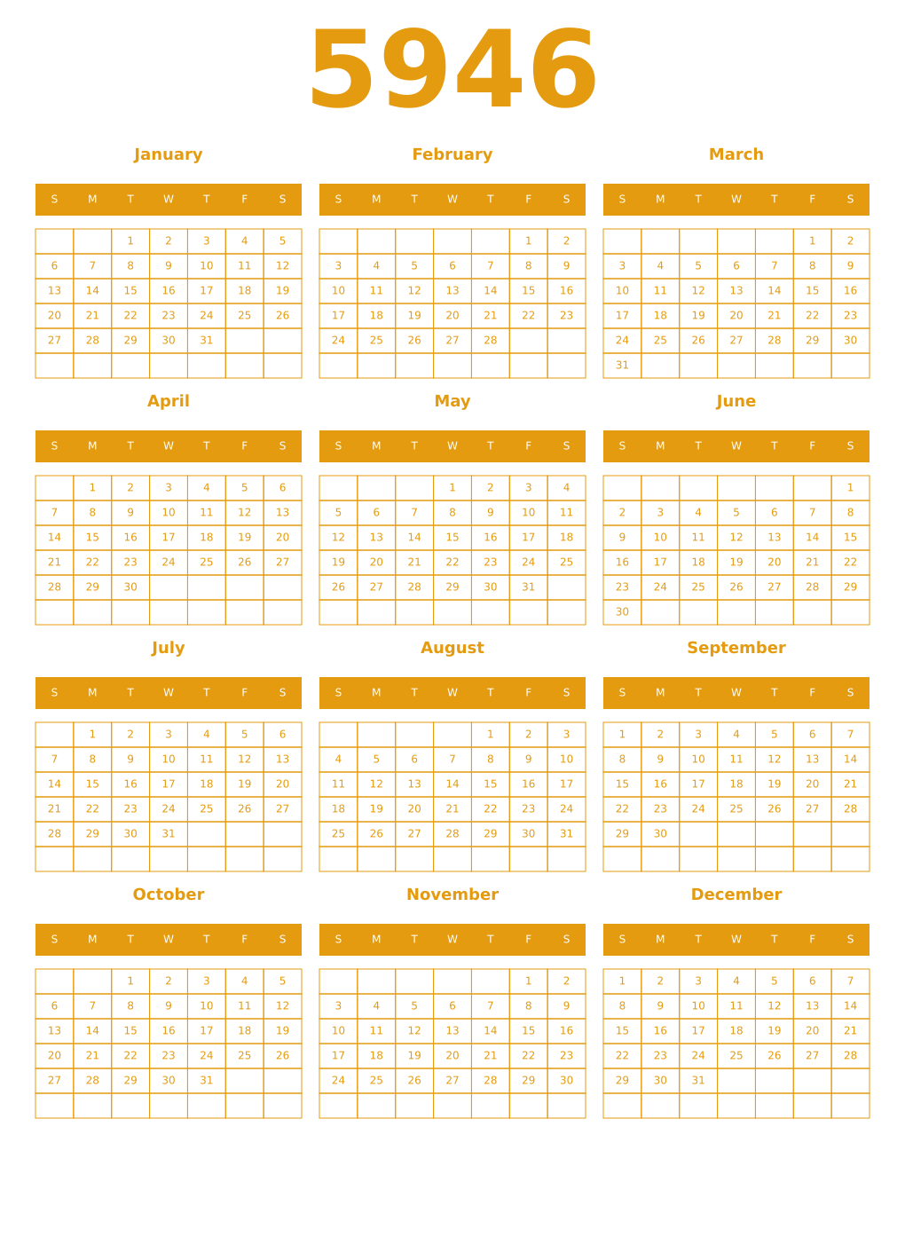 Printable 5946 Year Calendars gamboge