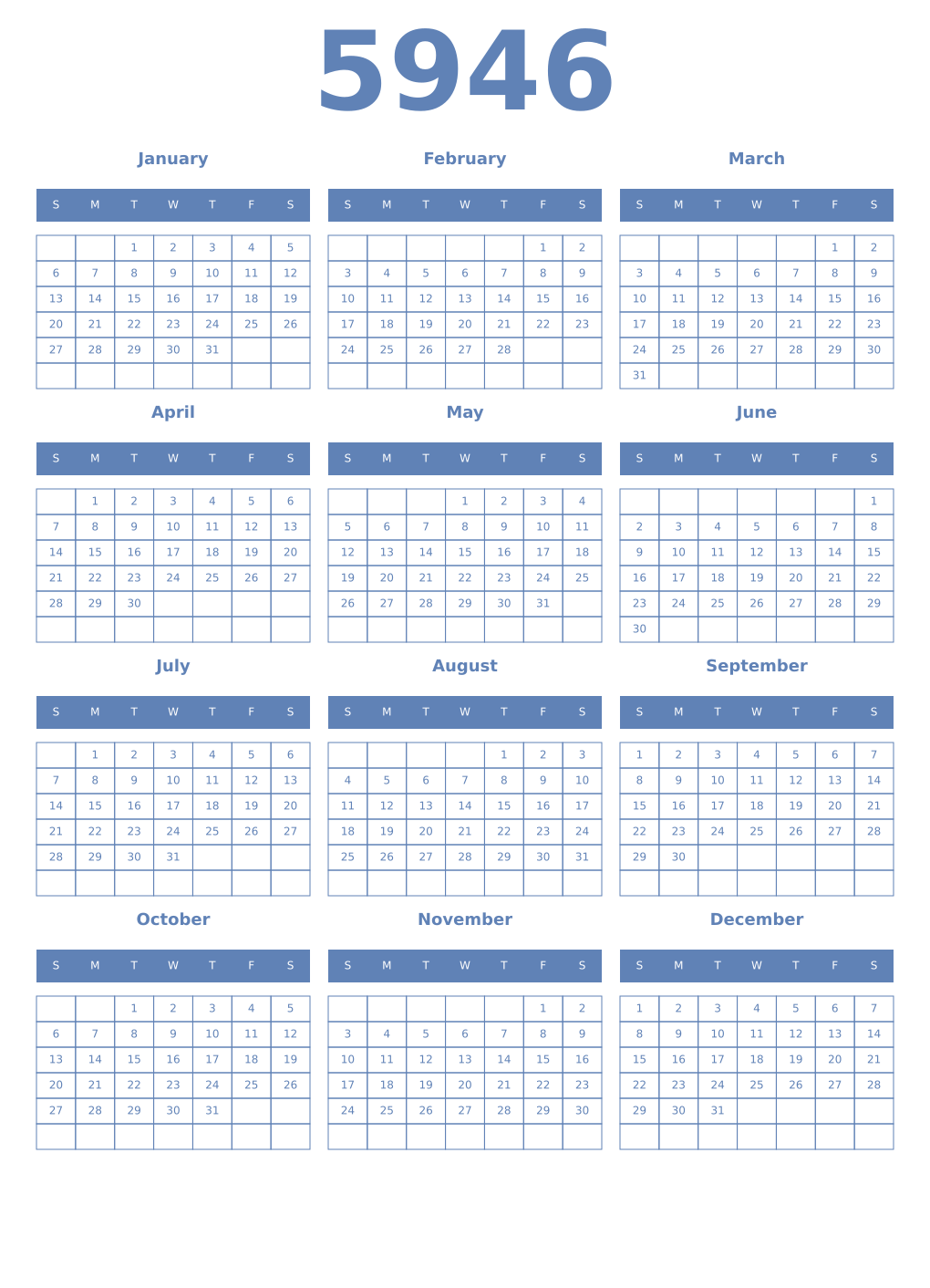 Printable 5946 Year Calendars glaucous