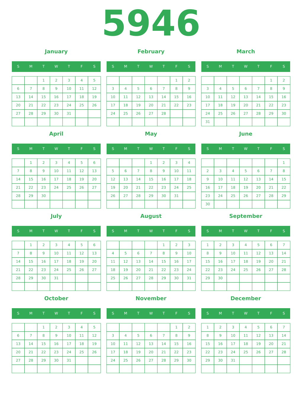 Printable 5946 Year Calendars green