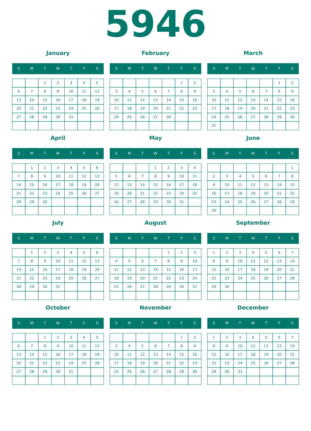 Printable 5946 Year Calendars pastel