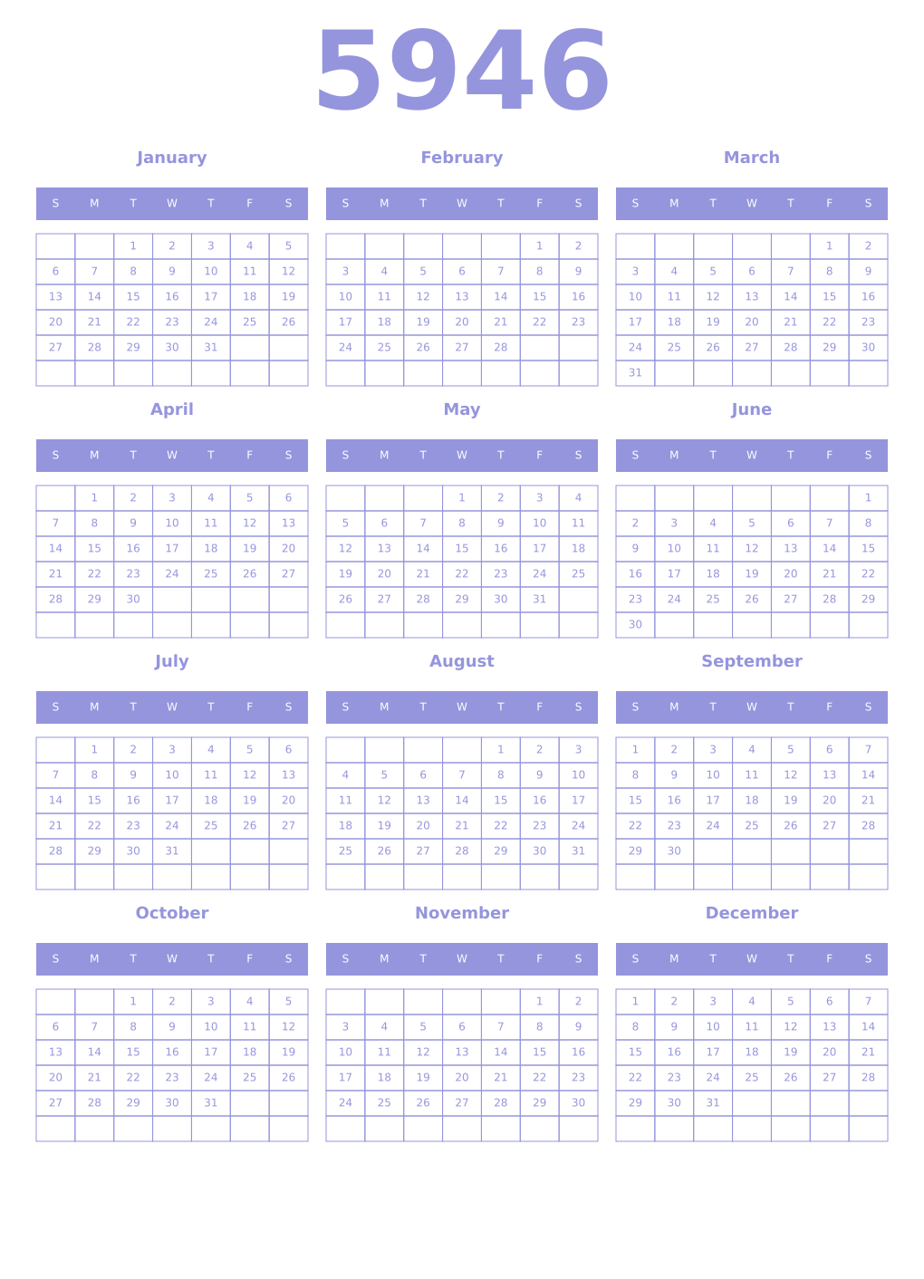 Printable 5946 Year Calendars periwinkle