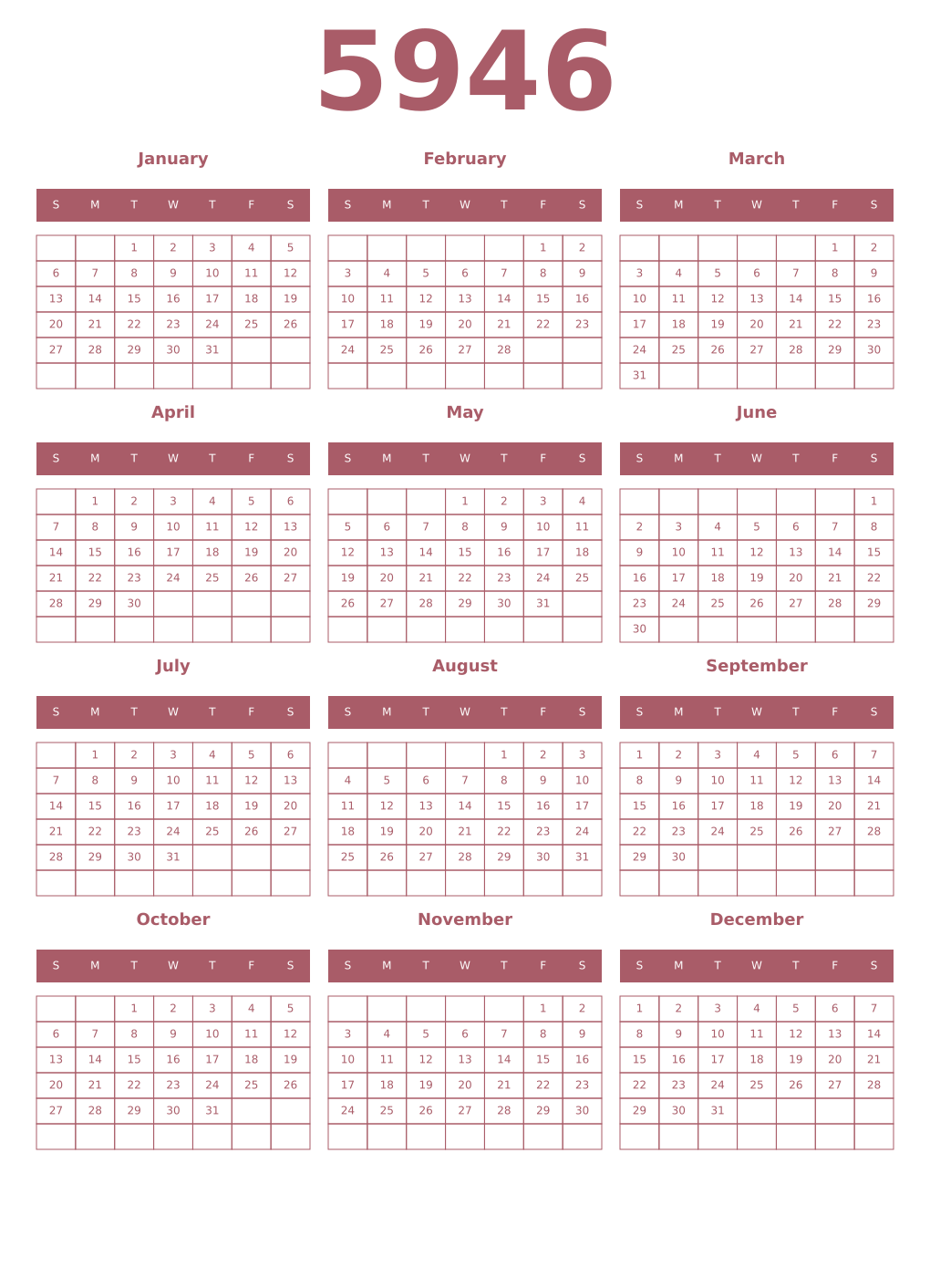 Printable 5946 Year Calendars puce