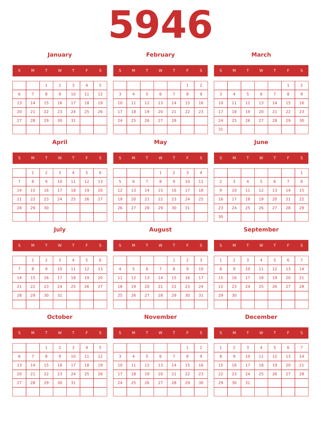 Printable 5946 Year Calendars red
