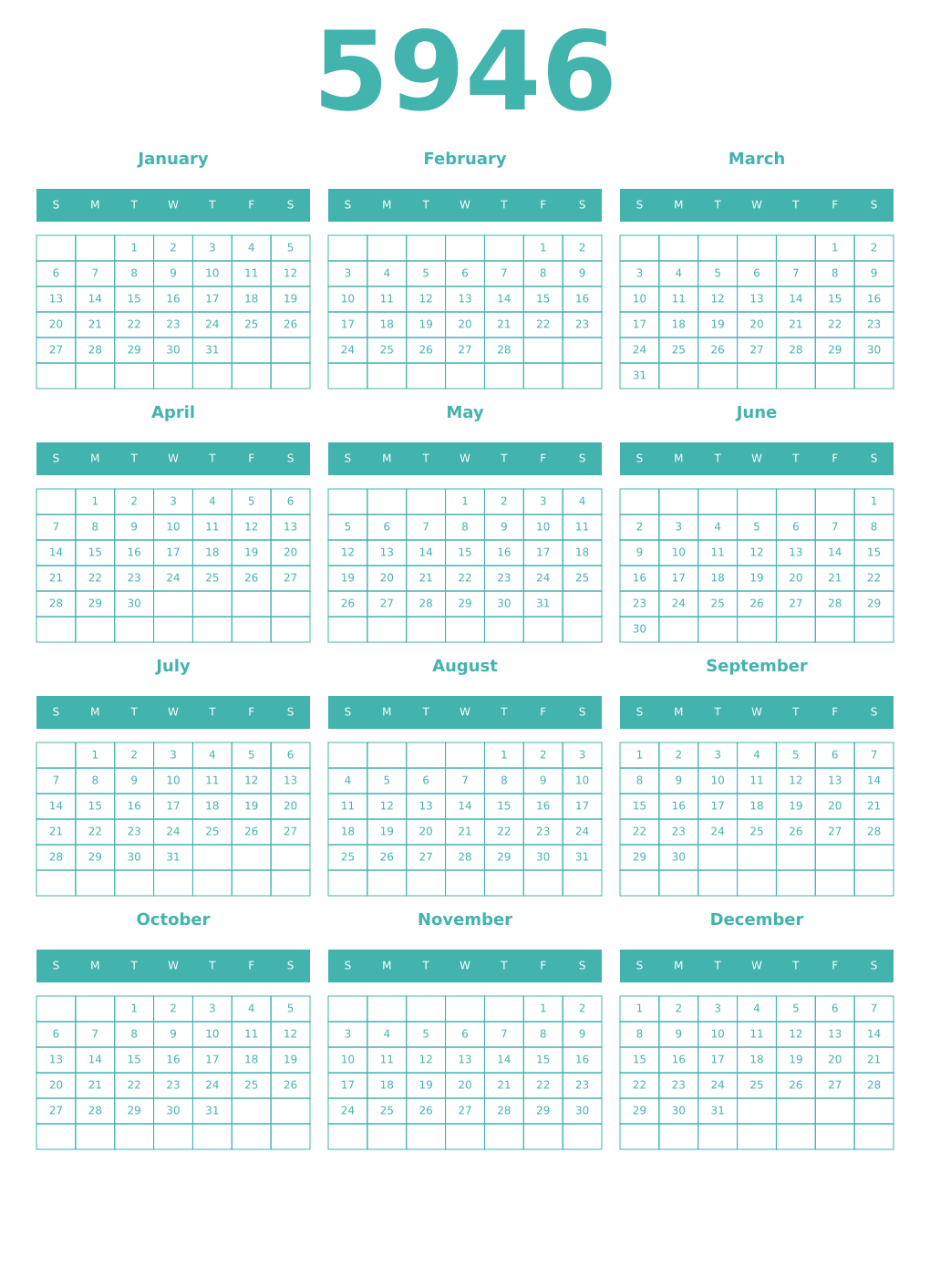 Printable 5946 Year Calendars verdigris