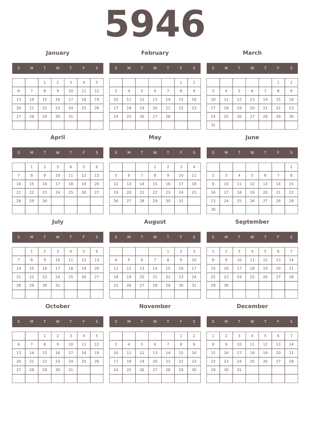 Printable 5946 Year Calendars wenge