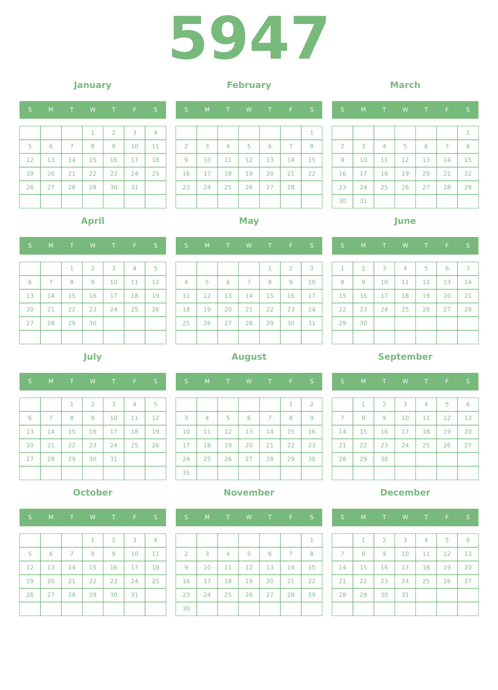 Printable 5947 Year Calendars celadon